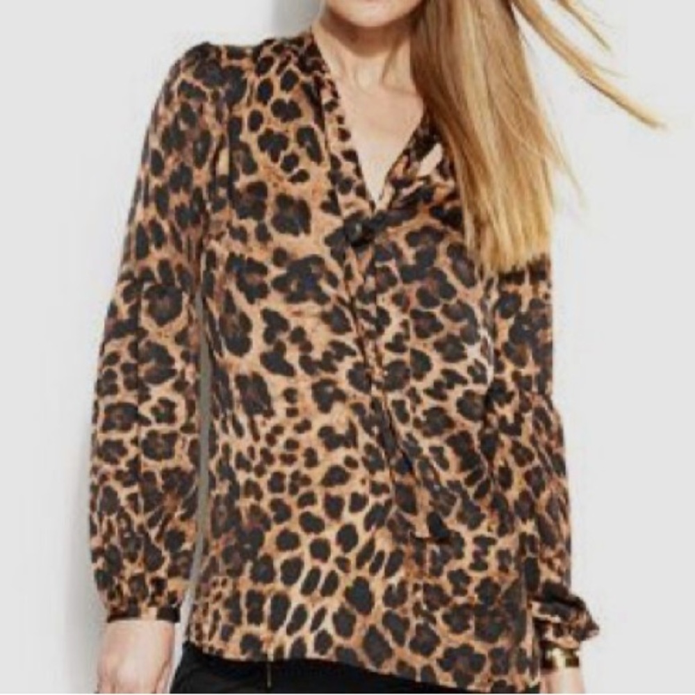 Michael Kors Leopard Print Bow Tie silky Blouse
